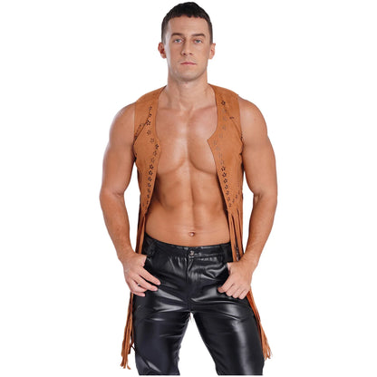 Gilet de costume de cosplay cow-boy occidental pour hommes, gilet hippie disco années 60, en faux daim, avec pompons, cardigan pour fête costumée d'Halloween ou de carnaval