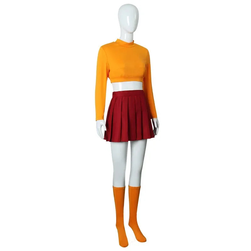 Halloween Velma Cosplay Costume Orange Short Skirt Uniform Women Orange Socks Top Skirt Halloween Party Carnival Set