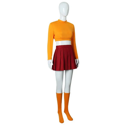 Halloween Velma Cosplay Costume Orange Short Skirt Uniform Women Orange Socks Top Skirt Halloween Party Carnival Set