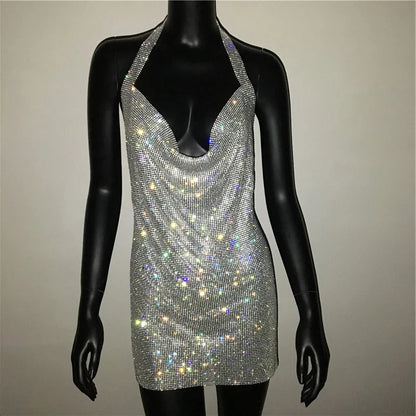 Robe de soirée sexy pour femme Bling Diamante, en cristal et strass, dos nu, pour festival, cocktail, soirée, rave.