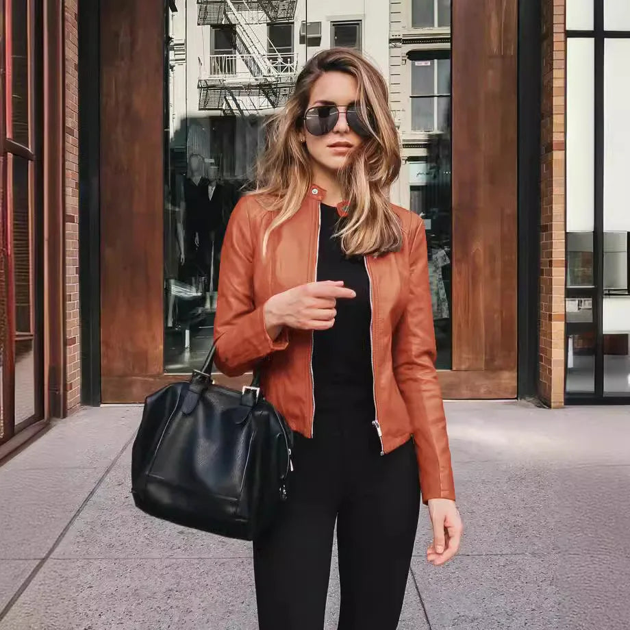 Women Pu Jacket Vintage Streetwear Stand Collar Zipper Leather Moto Biker Coats Punk Casual Female Tops Spring Short Outerwear