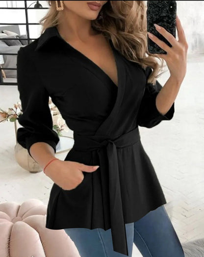 Haut chemise imprimé printemps automne, col en V, manches longues, chemisier décontracté avec ceinture pour femme, idéal pour les fêtes, les clubs et le bureau.