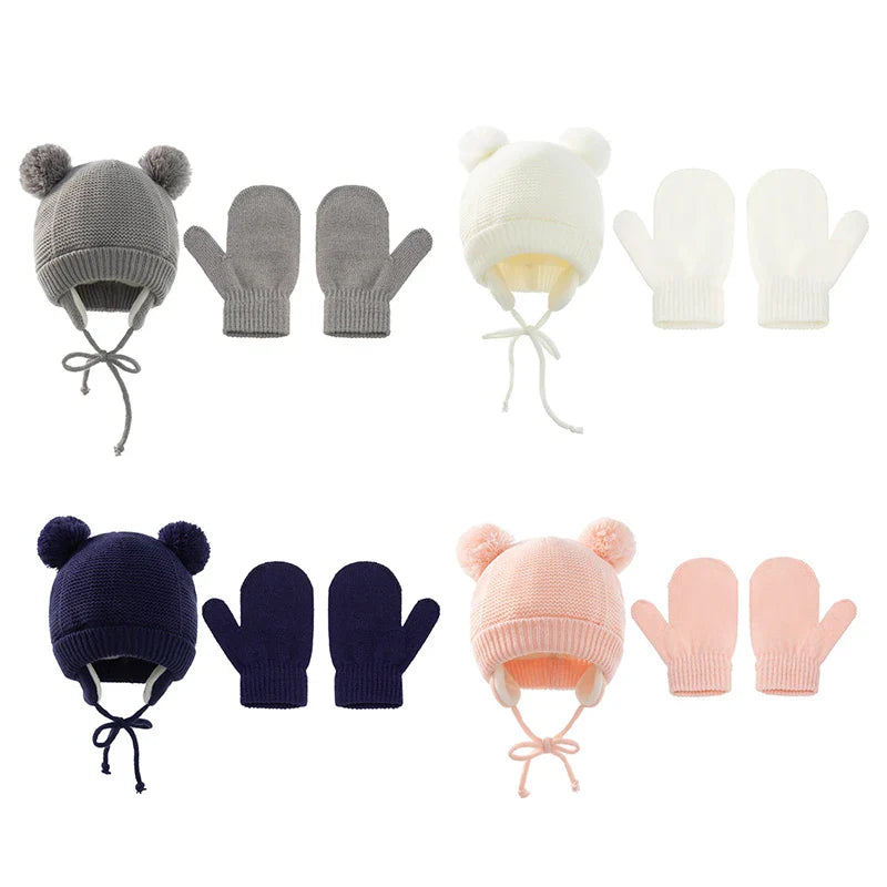 Ensemble de gants et bonnets en tricot pour bébé, protection des oreilles pour bébé, bonnet pour tout-petit, document solide, mignon, guerre en plein air, filles et garçons, automne et hiver, 2 pièces