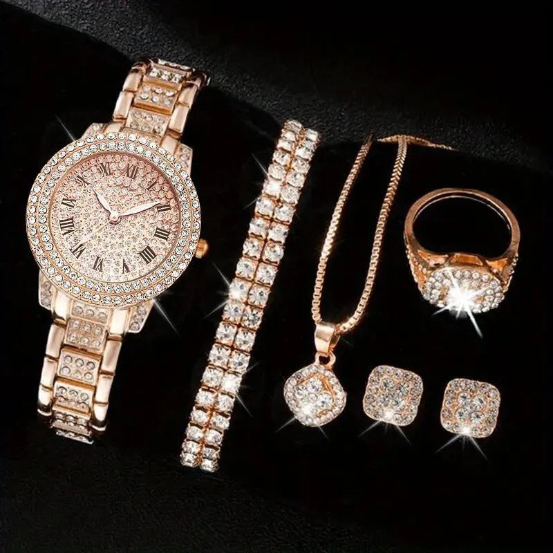 Montre-bracelet à quartz décontractée pour femmes, ensemble de 6 pièces, cadran romain, design de marque de luxe, montre pour femmes
