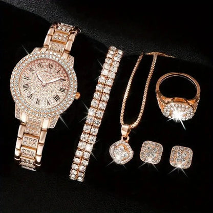 Montre-bracelet à quartz décontractée pour femmes, ensemble de 6 pièces, cadran romain, design de marque de luxe, montre pour femmes