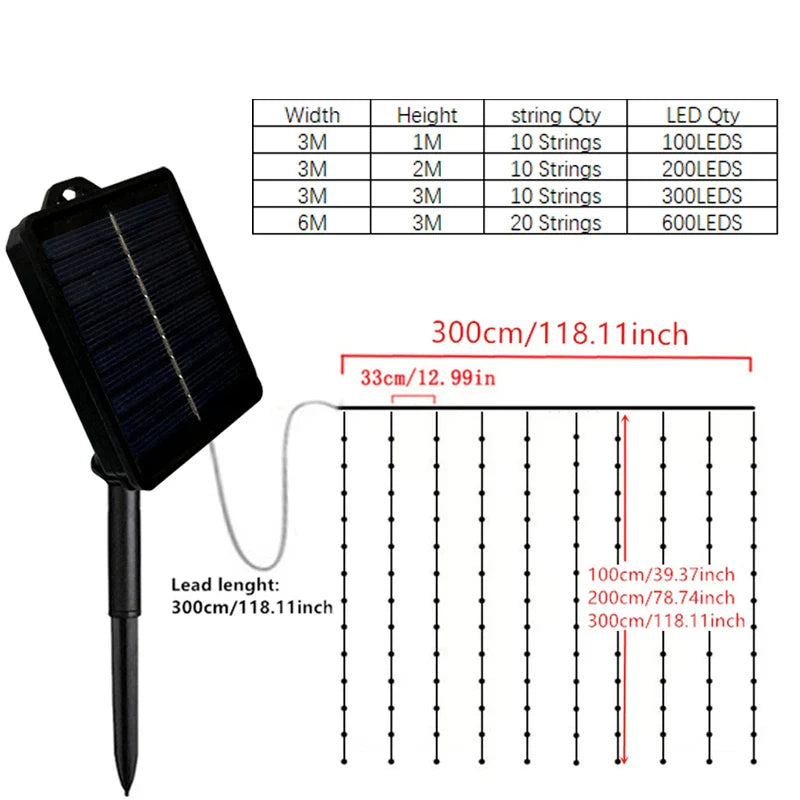 Rideau lumineux solaire 600/300/200/100LED, guirlande lumineuse féerique d'extérieur, décorations de noël et de mariage, décoration de jardin