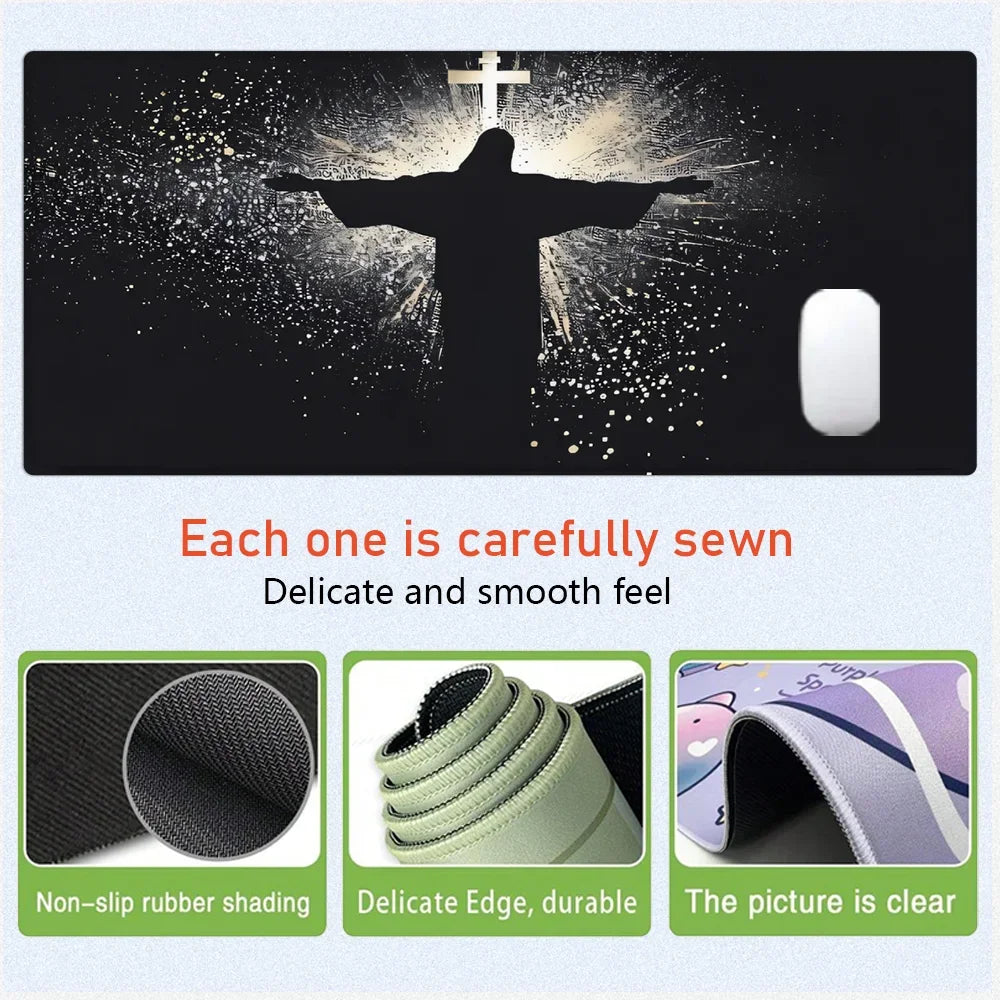 Jesus & Cross Mouse Pad Large Desk Accessories Desk Pad Rubber Base with Stitched Edge Mousepad Non-Slip Mousepad for Office