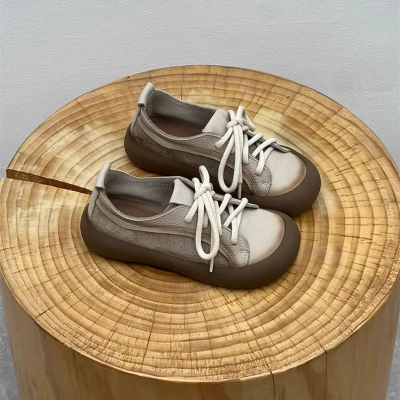 Chaussures en cuir de vache pour femmes, style rétro, pour loisirs en plein air, marche, chaussures plates à lacets, chaussures de travail sur le terrain des agriculteurs