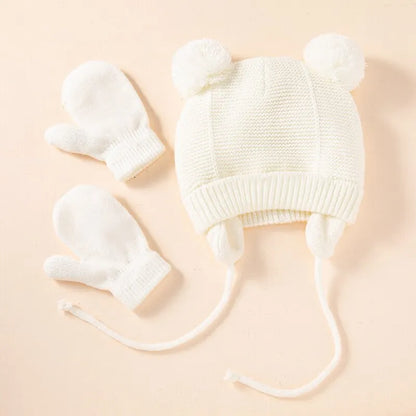 Ensemble de gants et bonnets en tricot pour bébé, protection des oreilles pour bébé, bonnet pour tout-petit, document solide, mignon, guerre en plein air, filles et garçons, automne et hiver, 2 pièces