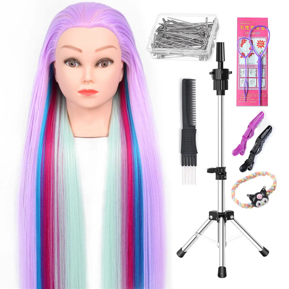 Tête de mannequin à cheveux longs synthétiques avec support de trépied de perruque réglable Modèle avec tête de mannequin Formation de coiffeur coiffant