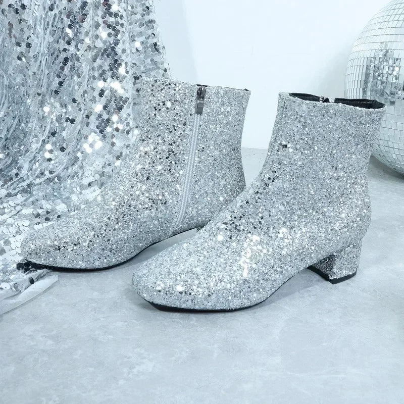 Boots Women Chrias Glitter Zipper Chunky Heel Ankle Boot Sequins Round Toe Chunky Heels Ankle Boots Party Shoes for Women 42 43