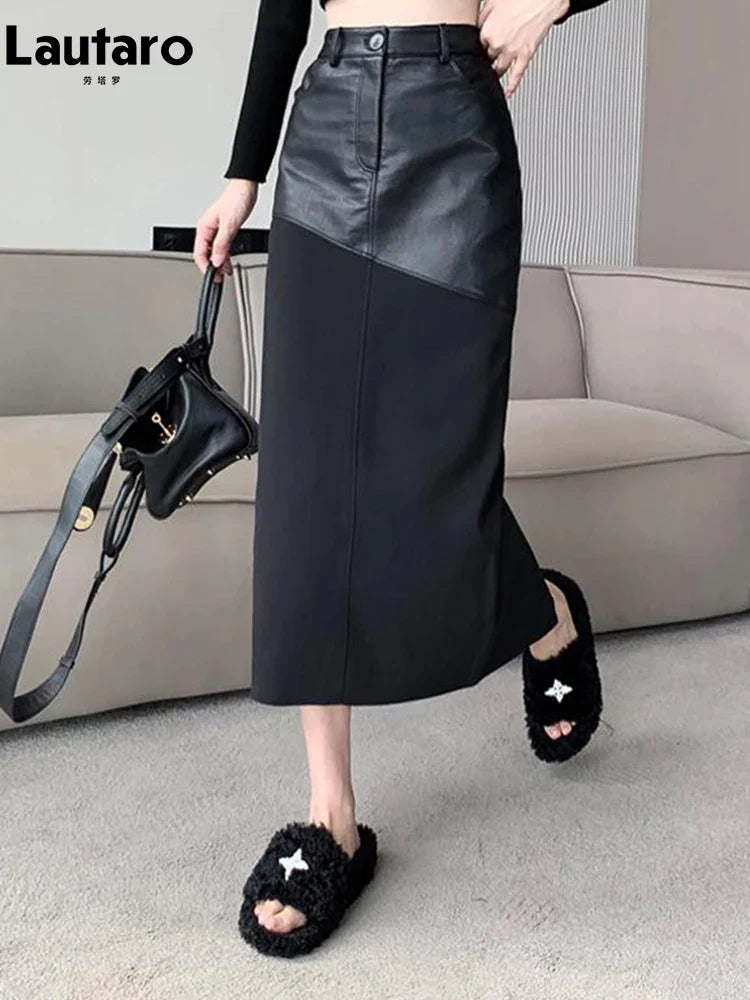 Lautaro Spring Autumn Black Long Midi Patchwork Pu Leather Pencil Skirt Women with Back Slit High Waist Luxury Designer Clothes