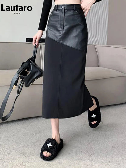 Lautaro Spring Autumn Black Long Midi Patchwork Pu Leather Pencil Skirt Women with Back Slit High Waist Luxury Designer Clothes