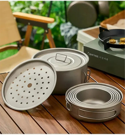 Vaisselle de Camping en plein air, ensemble d'ustensiles de cuisine en titane, marmite, poêle à frire avec poignées pliables, pique-nique cuisine randonnée Trekking