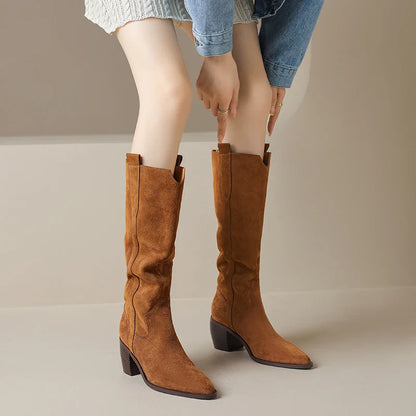 Bottes de Cowboy en Daim de Vache à Talons Hauts pour Femme, Style Vintage, Style Country Western, à la Mode, Automne Hiver