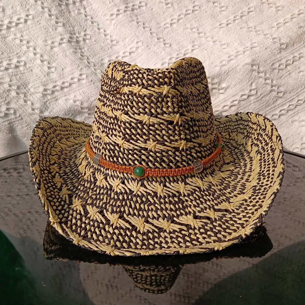 Chapeau de paille de cowboy vert matcha, tissé à la main, creux, pour hommes et femmes, chapeau de soleil d'été, chapeau de paille de cowboy occidental