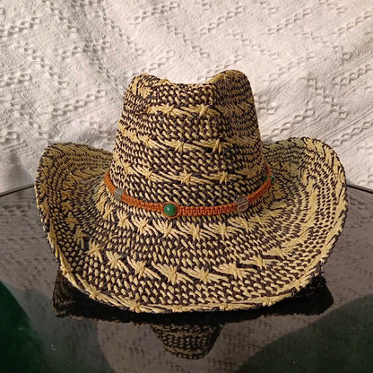 Chapeau de paille de cowboy vert matcha, tissé à la main, creux, pour hommes et femmes, chapeau de soleil d'été, chapeau de paille de cowboy occidental