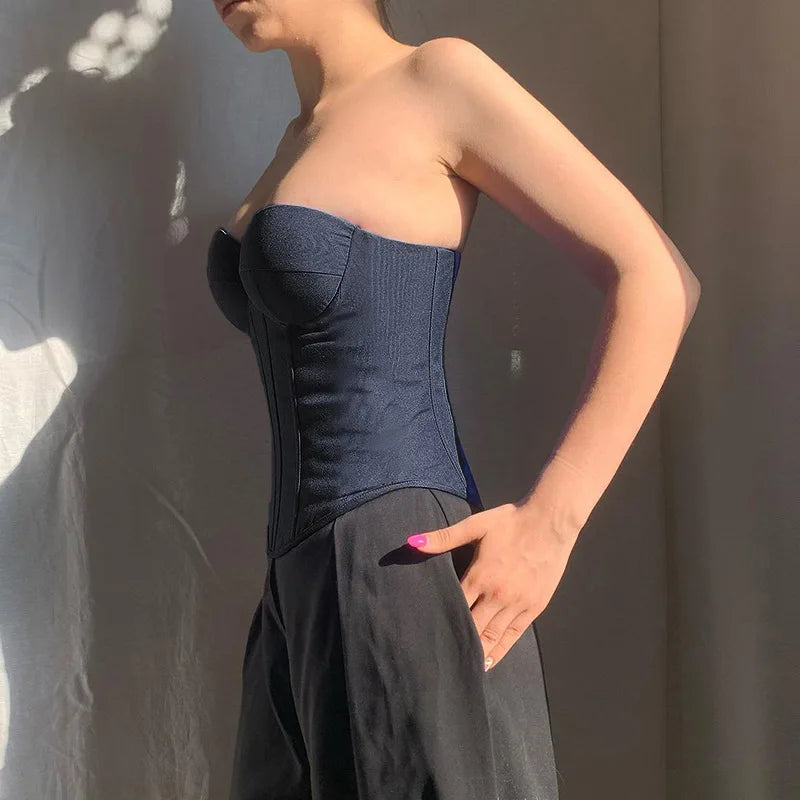 Harajuku Casual Female Imitation Cowboy Vest 2024 New Fashion Wrapped Chest Backless Strap Waist Solid Color Fishbone Tops Femal