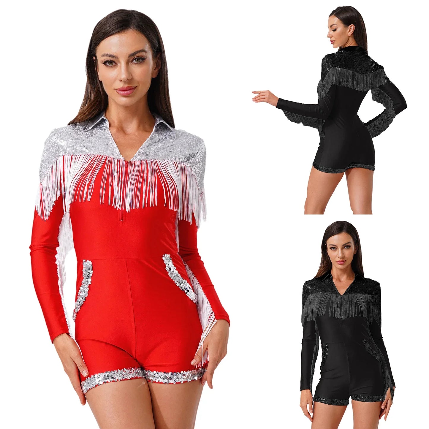 Womens Halloween Western Cowgirl Playsuit Sparkly Cosplay Costume 70s 80s Disco Bodysuit Tassel Fringe Sequins Boyshorts Rompers