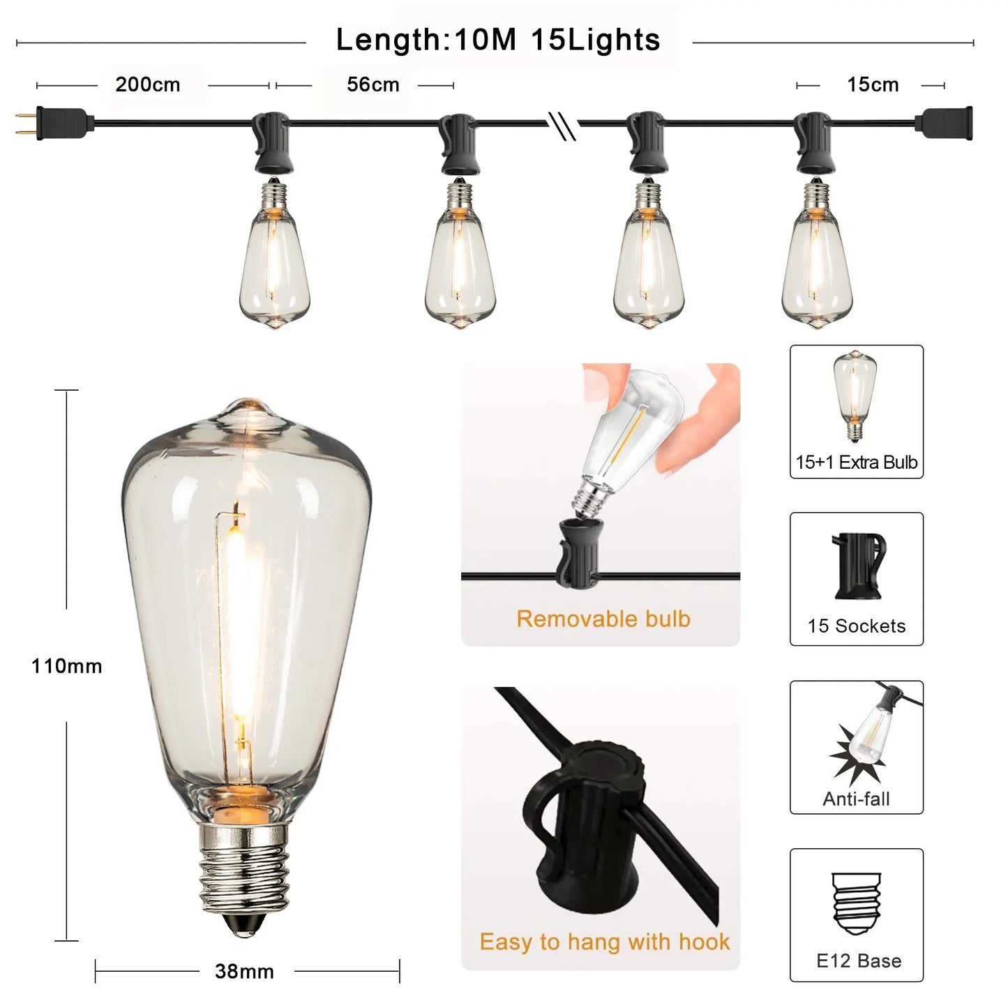 Guirlande lumineuse d'extérieur ST38, connectable, incassable, étanche, ampoule LED en plastique, variable, décoration de jardin, Patio, lumière féerique