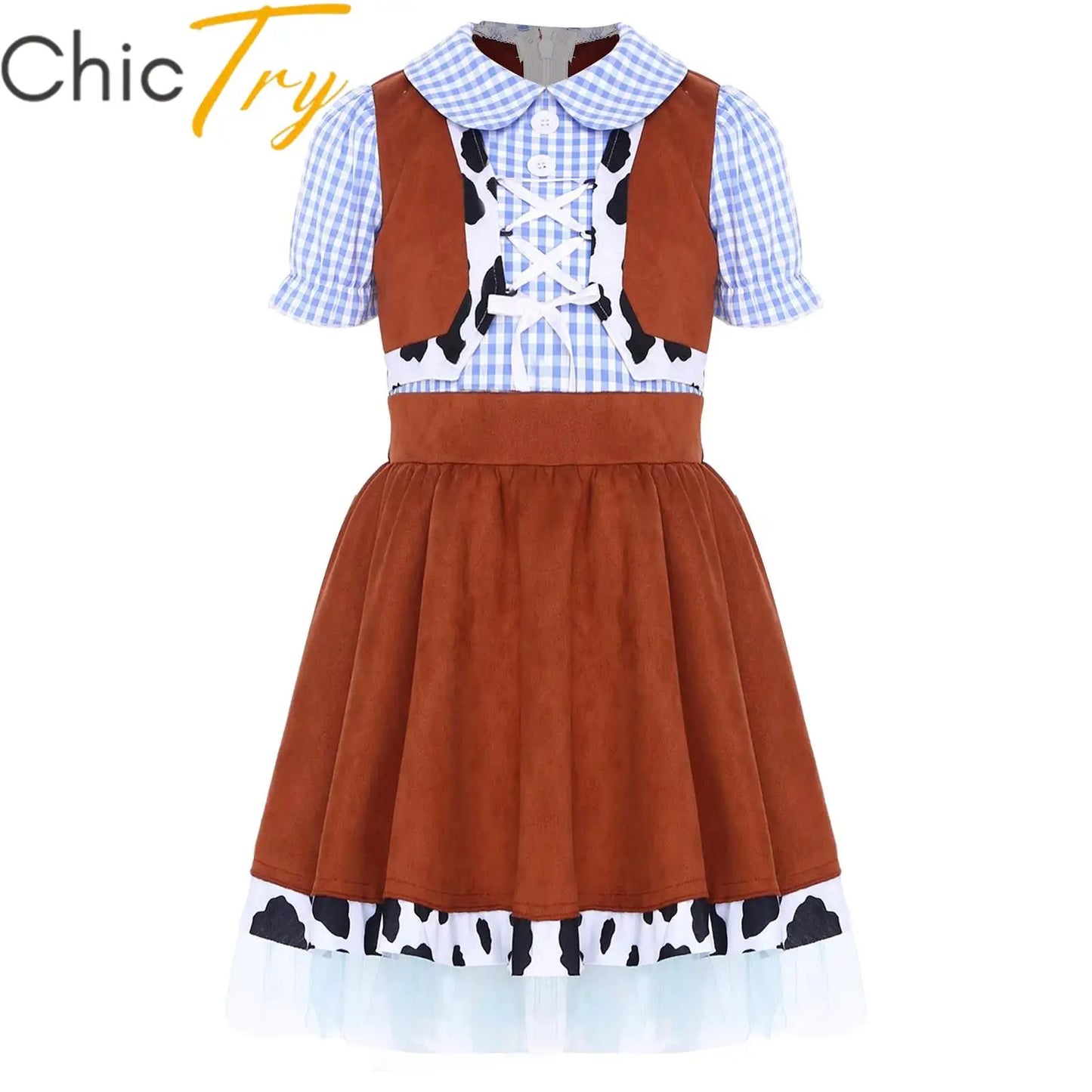 Kids Girls Western Cowboy Cowgirl Costume Puff Sleeve Cow Print Gingham A-line Dress Halloween Carnival Cosplay Party Dress Up