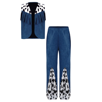 Enfants enfant Halloween Western Cowboy Cowgirl Cosplay Costume imprimé vache gilet à pampilles et ensemble de pantalon évasé Carnaval fête habiller