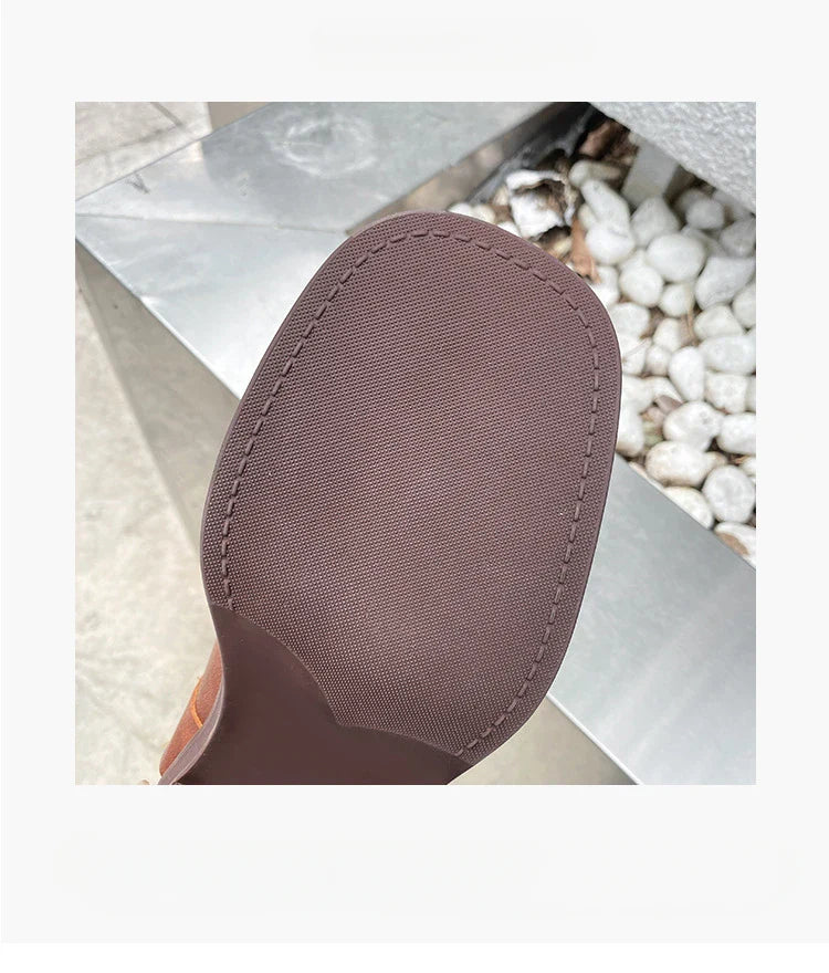 Designer Luxury Brand Retro Real Leather Brown Cropped Cowboy Boots Chunky Heel Sleeve Square Punk Style Botas Mujer Hot Selling
