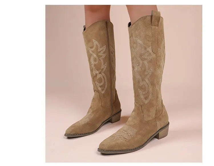 Bottes hautes à talon épais, amincissantes et longues, ne dépassant pas le genou, brodées, style rétro western cowboy, Nouvelle Collection Hiver 2025