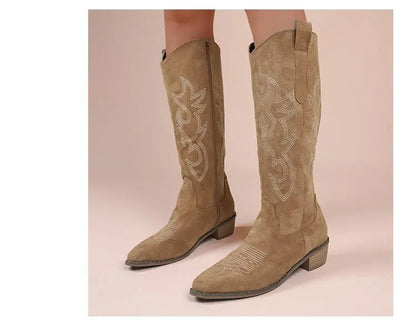 Bottes hautes à talon épais, amincissantes et longues, ne dépassant pas le genou, brodées, style rétro western cowboy, Nouvelle Collection Hiver 2025