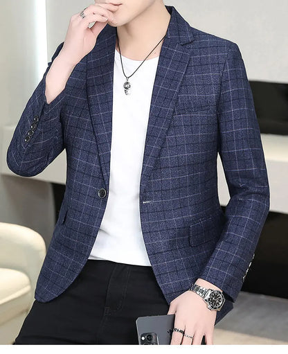 Chemise habillée cintrée à carreaux pour homme, coupe ajustée, style occidental, décontractée et tendance.