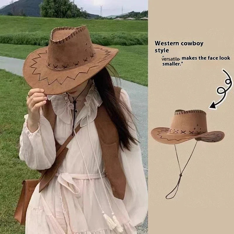 Unisex Western Suede Cowboy Hat, Fashion Cowgirl Cap for Women and Men, Fancy Dress, Party Headwear Accessory