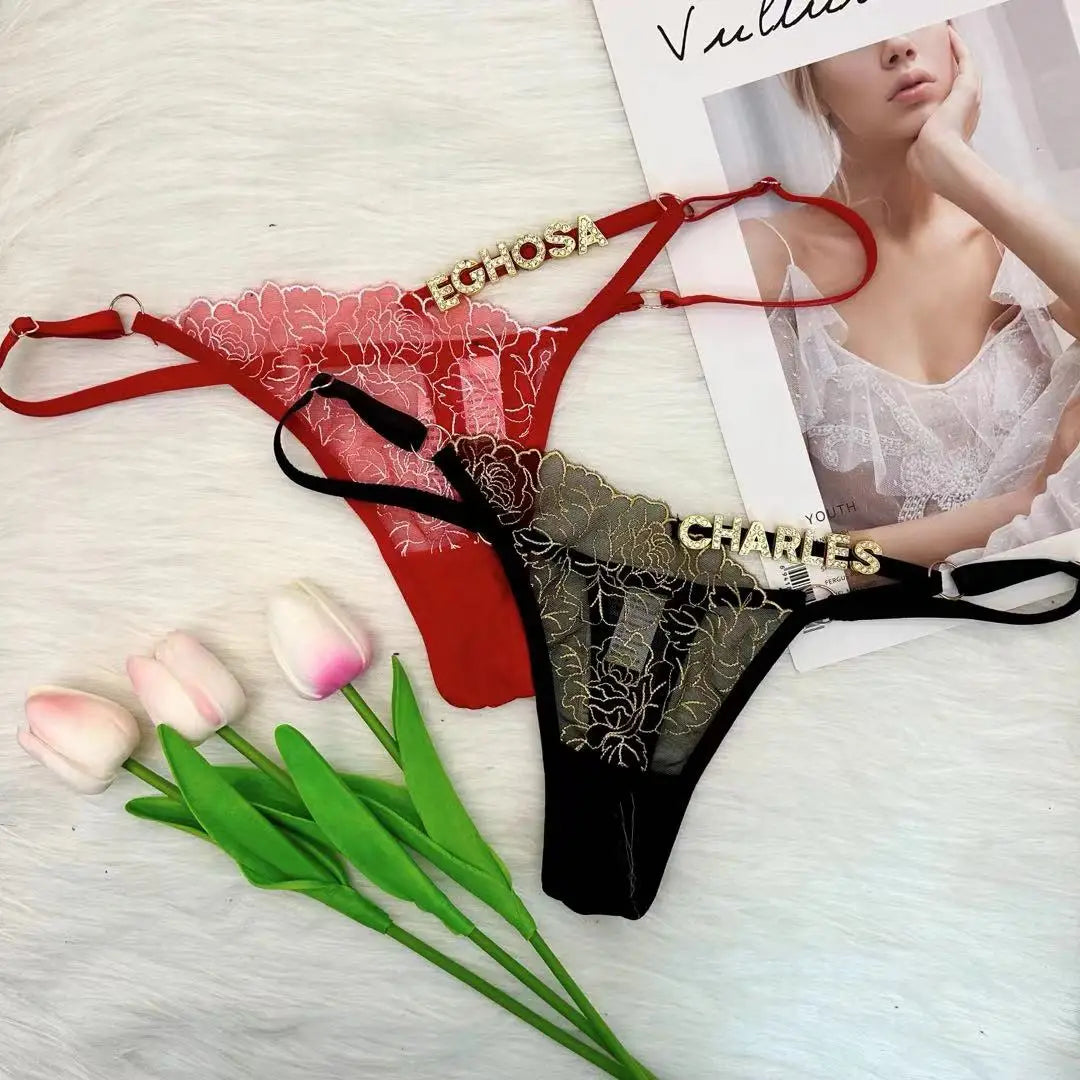 String personnalisé pour femmes, culotte en dentelle découpée, string personnalisé, lettres en strass, sous-vêtements, cadeau de saint valentin, nouvelle collection