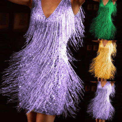 Women's Sexy Skirt Dress Deep V Neck Sleeveless Pencil Skirt Fringed Midi Casual Clothing Solid Elegant Party Women Dresses