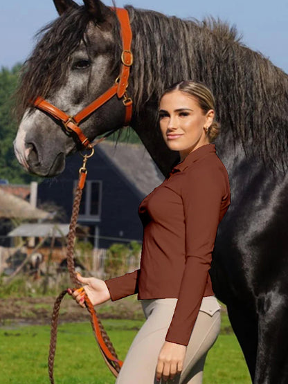 MXLLINA Tee-shirts d'équitation bordeaux femme hauts équestres doux à manches longues pour femme cavalière chemise de base vêtement