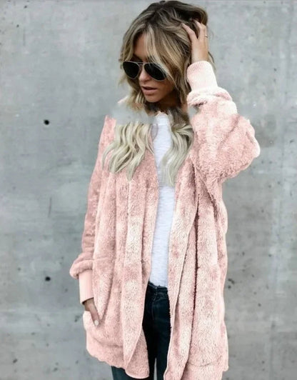 Winter Double Fleece Cardigan Jacket Autumn Women Solid Color Long Sleeve Plush Warm Hooded Lady Jacket Oversized Outerwear Coat