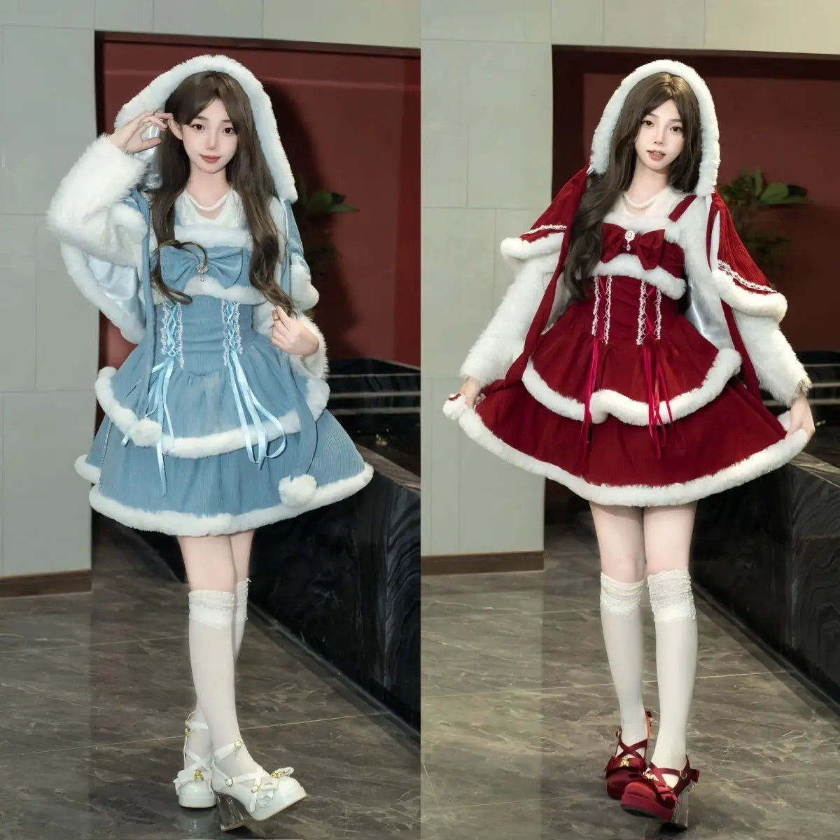 NONSAR-Ensembles de robes Lolita Kawaii japonaises pour femmes, châle à capuche, nœud, mini robe à bretelles, style coréen, doux, rouge, Noël, nouvel an imbibé
