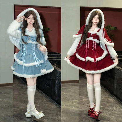 NONSAR-Ensembles de robes Lolita Kawaii japonaises pour femmes, châle à capuche, nœud, mini robe à bretelles, style coréen, doux, rouge, Noël, nouvel an imbibé