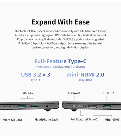 TECLAST F16 Air 16 inch laptop, Flip 180 degree, 16GB + 512GB, for Intel N95 CPU, Windows 11, mini HDMI, backlit keyboard