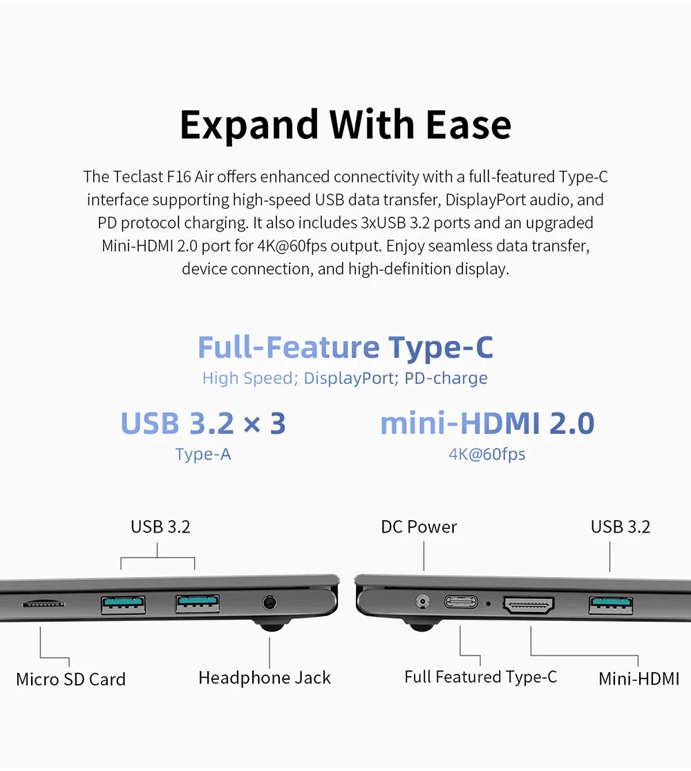 Ordinateur portable TECLAST F16 Air 16 pouces, rabattable à 180 degrés, 16 Go + 512 Go, processeur Intel N95, Windows 11, mini HDMI, clavier rétroéclairé