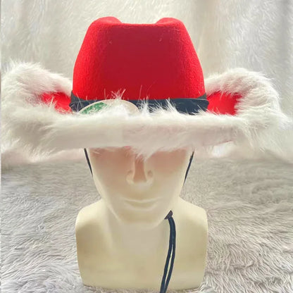 Chapeau de cowboy lumineux de Noël pour fête du Père Noël, chapeaux en feutre rouge occidental, chapeau de cowgirl à large bord, chapeau de jazz pour femmes et hommes