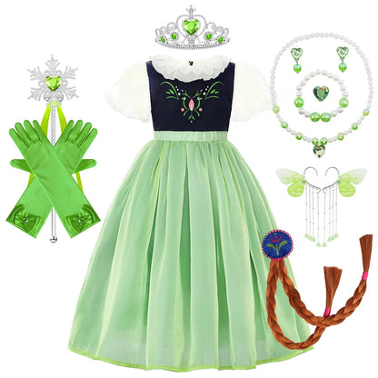 Robe de princesse de cosplay Anna pour filles, costume en maille à manches lanternes, pour fête d'anniversaire, carnaval, Halloween, robe de bal pour enfants