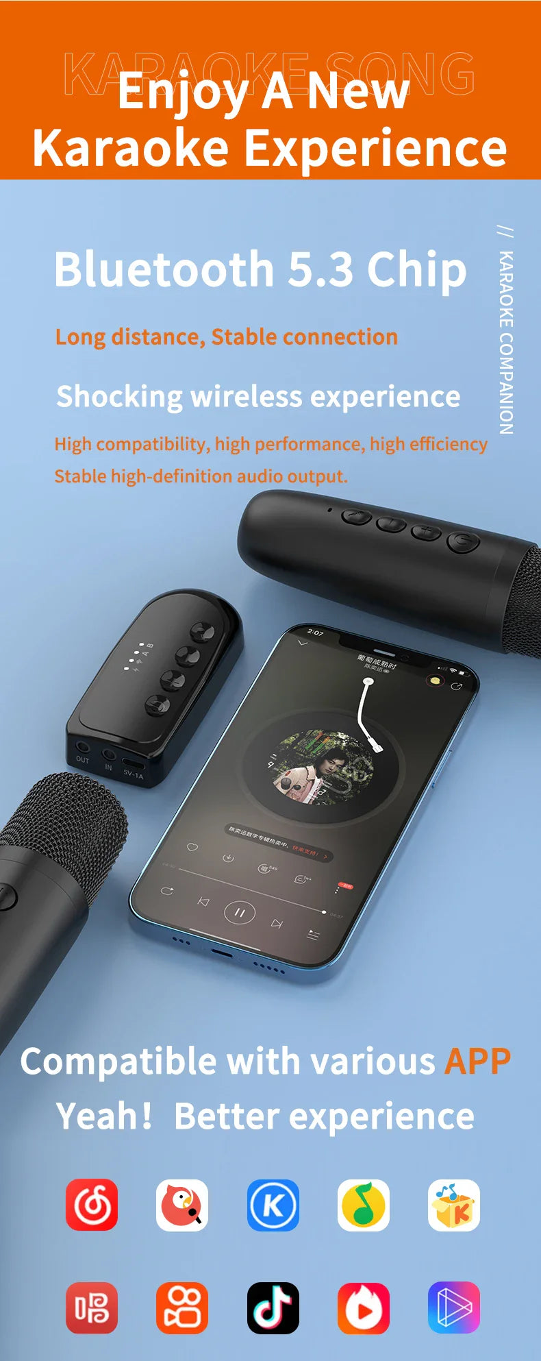 Wireless Karaoke Companion Bluetooth 5.3 Dynamic Microphone KTV DSP Mixer System 3.5MM AUX Type-C Amplifier Host For Speaker Car