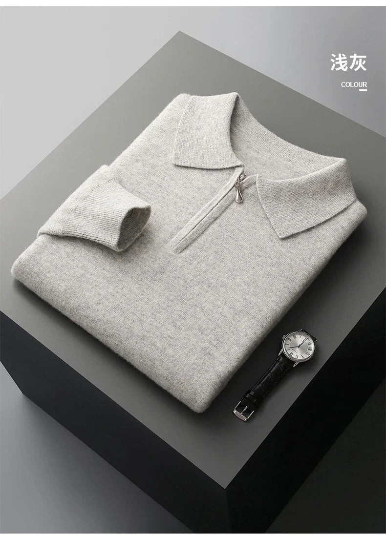 Autumn and Winter New Cashmere Sweater Men's 100% Merino Wool Pullover Casual Loose POLO Knitted Bottom Shirt Jacket Shirt