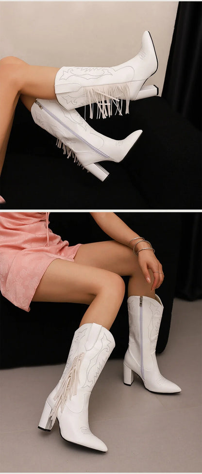 Botas De Mujer bottes De Cowboy occidentales brodées femmes mode pointu gland côté fermeture éclair genou bottes hautes chaussures gothiques 8508