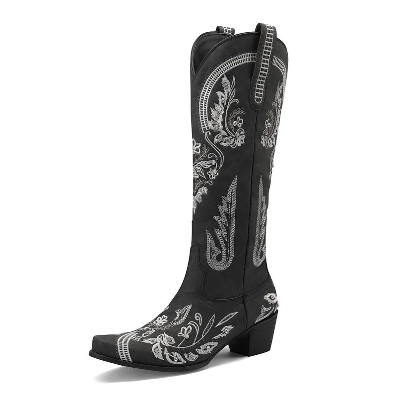 Bottes de cowboy occidentales au genou pour femmes, broderie de fleurs, biscuits, blanc, marron, rond, Parker, talons hauts, rétro, bottes longues de cowgirl