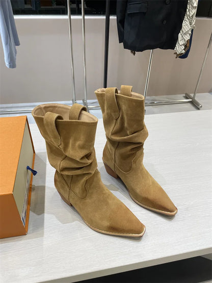 New Fashion Western Cowboy Boots Pointed Pleated V-mouth Thick Heel Medium Tube Short Boots