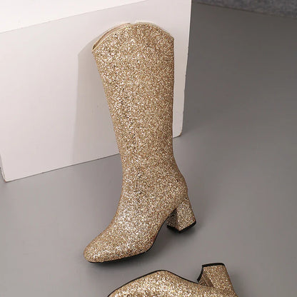 Bottes Hautes Scintillantes pour Femme, Ajustement Confortable, Talons 6,5 cm, Hiver 2024