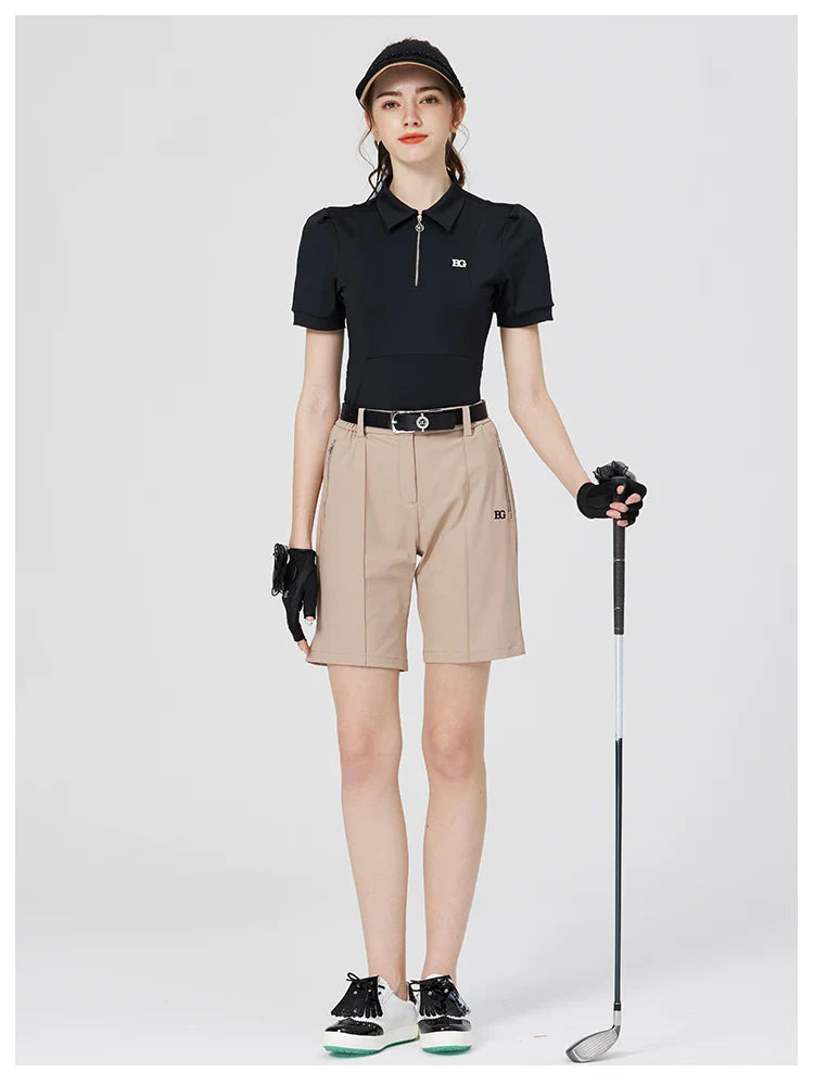 Blktee Slim Zipper Collar Golf Shirts Women Puff Short-sleeved Tops Ladies High Waist Golf Skirts Pleated Skorts with Ball Bag