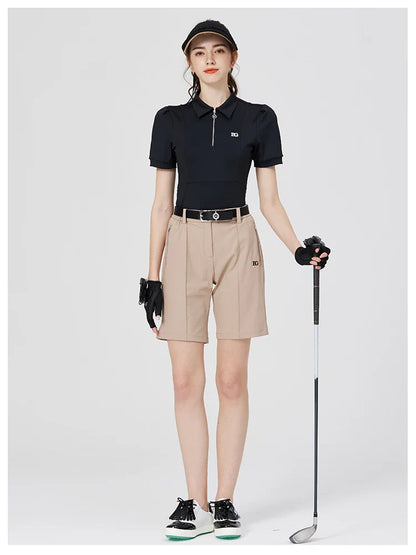 Blktee Slim Zipper Collar Golf Shirts Women Puff Short-sleeved Tops Ladies High Waist Golf Skirts Pleated Skorts with Ball Bag