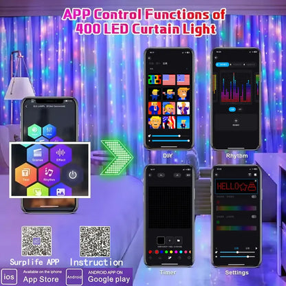 Rideau lumineux Led intelligent, guirlande du nouvel an, guirlande lumineuse féerique RGB, affichage du changement de musique, pour fenêtre, décoration de salle de noël